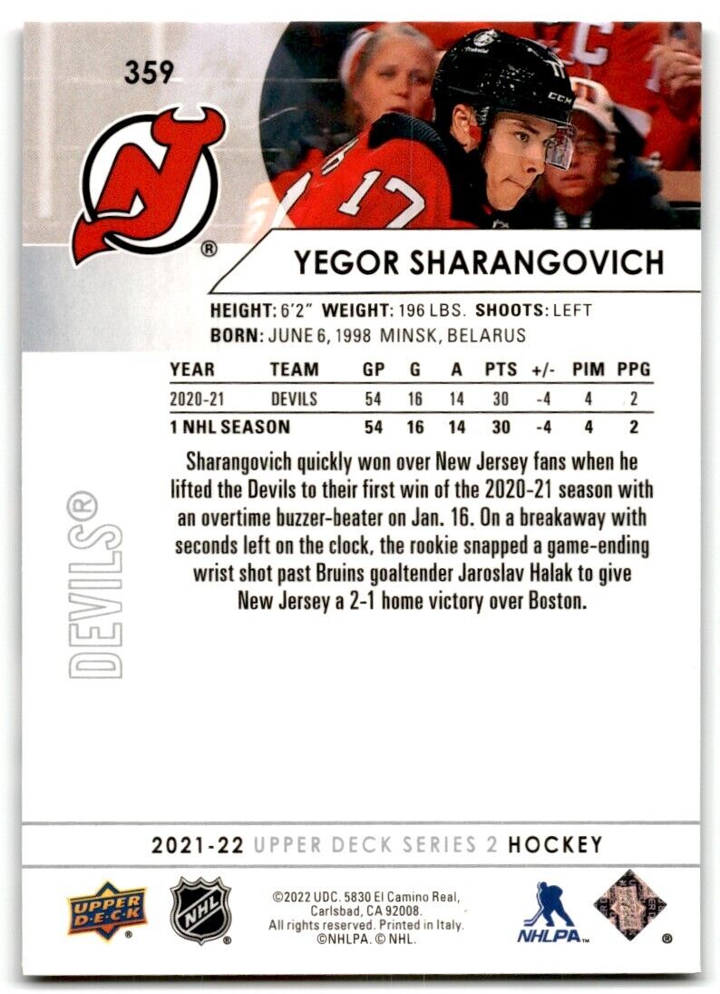 2021-22 Upper Deck Yegor Sharangovich New Jersey Devils #359