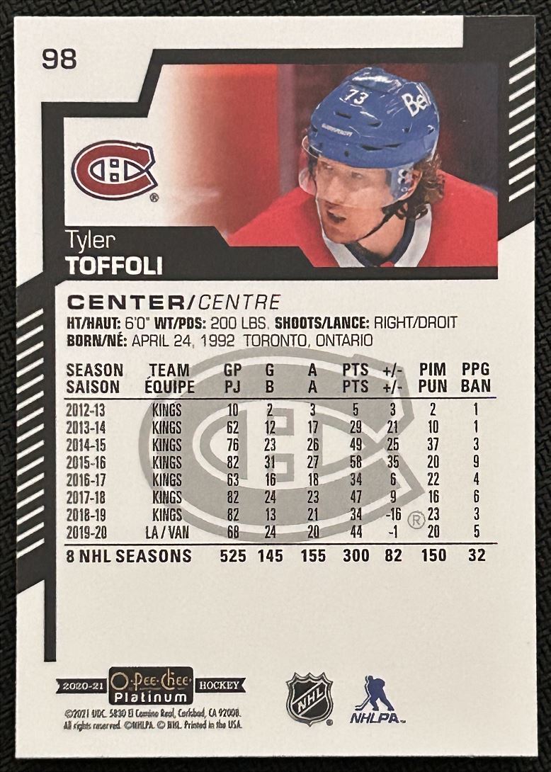 2020-21 O-Pee-Chee Platinum Tyler Toffoli Montreal Canadiens #98