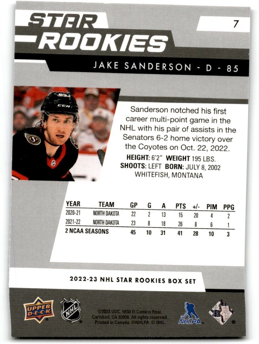 2022-23 Upper Deck Star Rookies Jake Sanderson Rookie Ottawa Senators #7