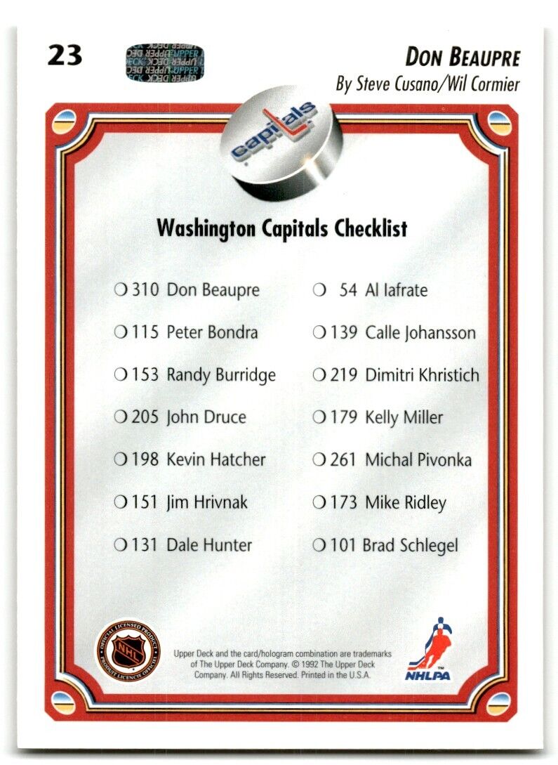 1992-93 Upper Deck Don Beaupre Washington Capitals #23