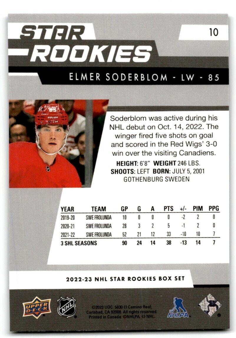 2022-23 Upper Deck Star Rookies Elmer Soderblom Rookie Detroit Red Wings #10