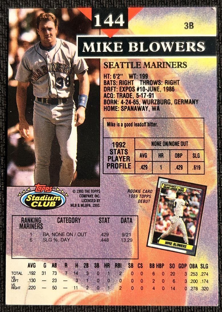 1993 Topps Stadium Club Mike Blowers Seattle Mariners #144