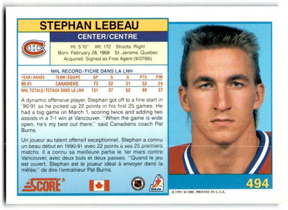 1991-92 Score Canadian Bilingual Stephan Lebeau Montreal Canadiens #494