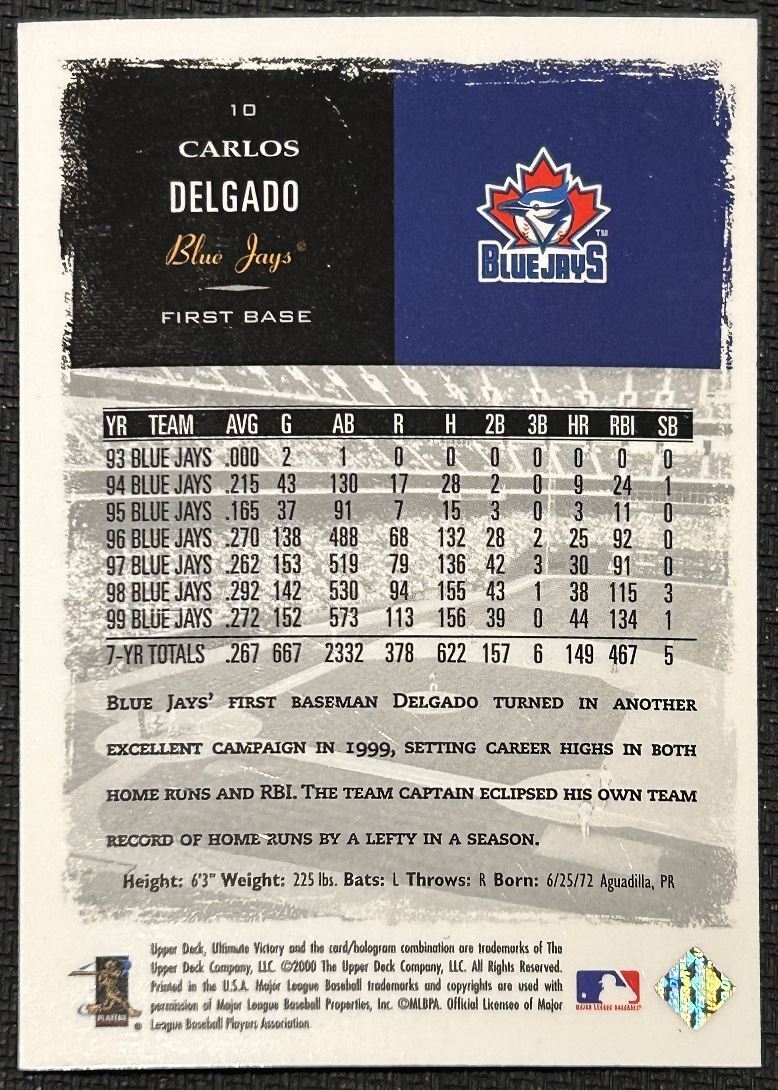 2000 Upper Deck Ultimate Victory Carlos Delgado Toronto Blue Jays #10