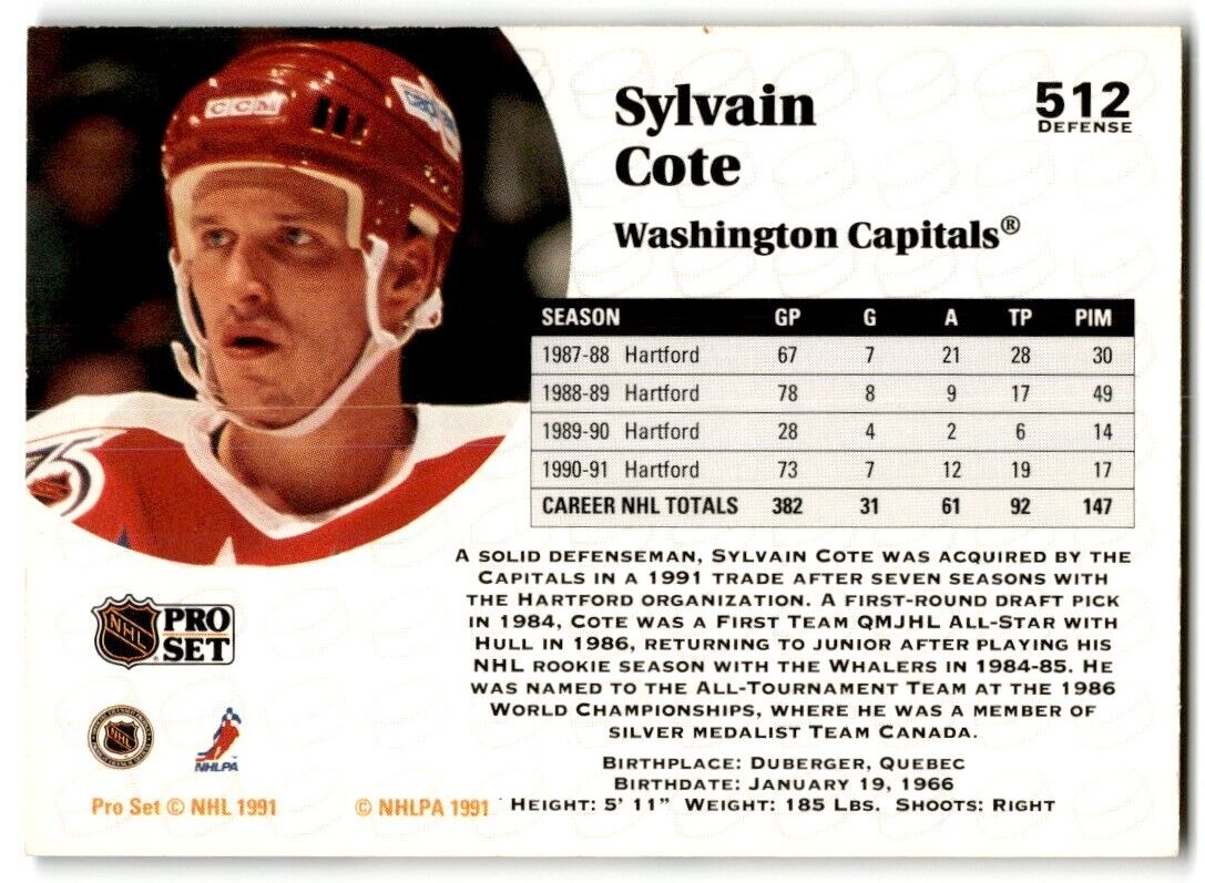 1991-92 Pro Set Sylvain Cote Washington Capitals #512