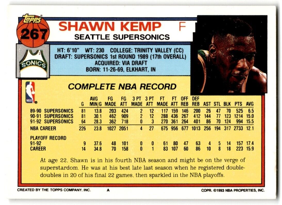 1992-93 Topps Shawn Kemp Seattle SuperSonics #267