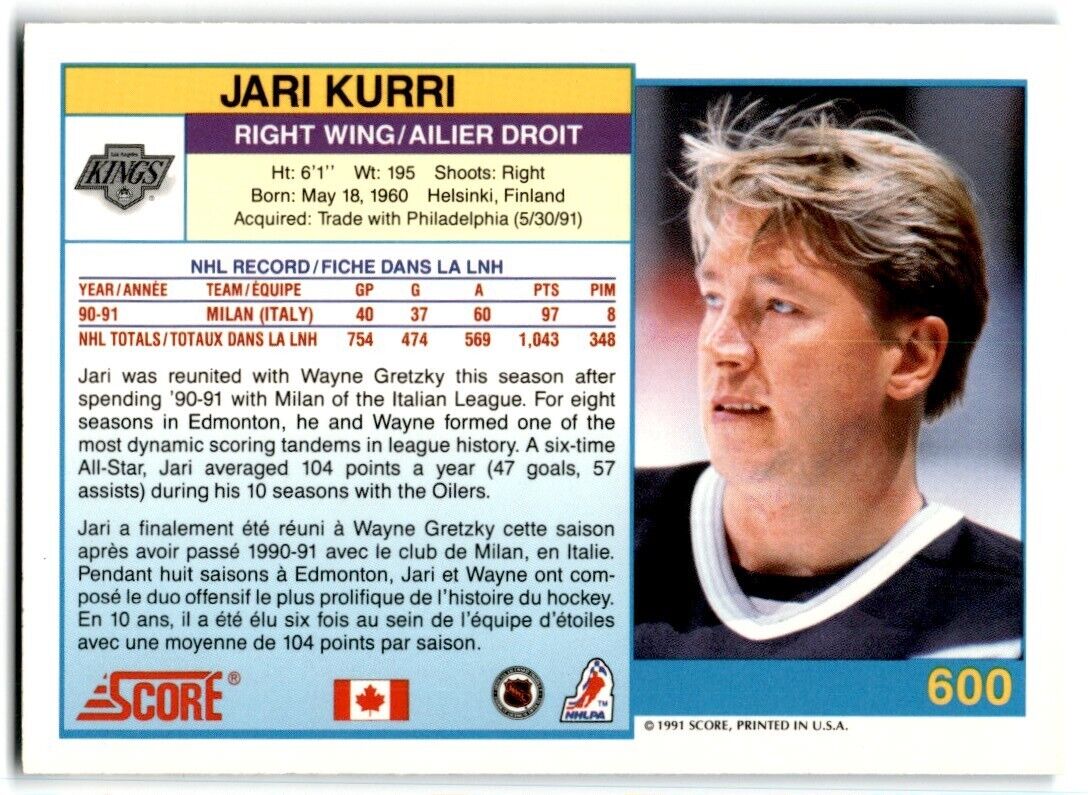 1991-92 Score Canadian Bilingual Jari Kurri Los Angeles Kings #600