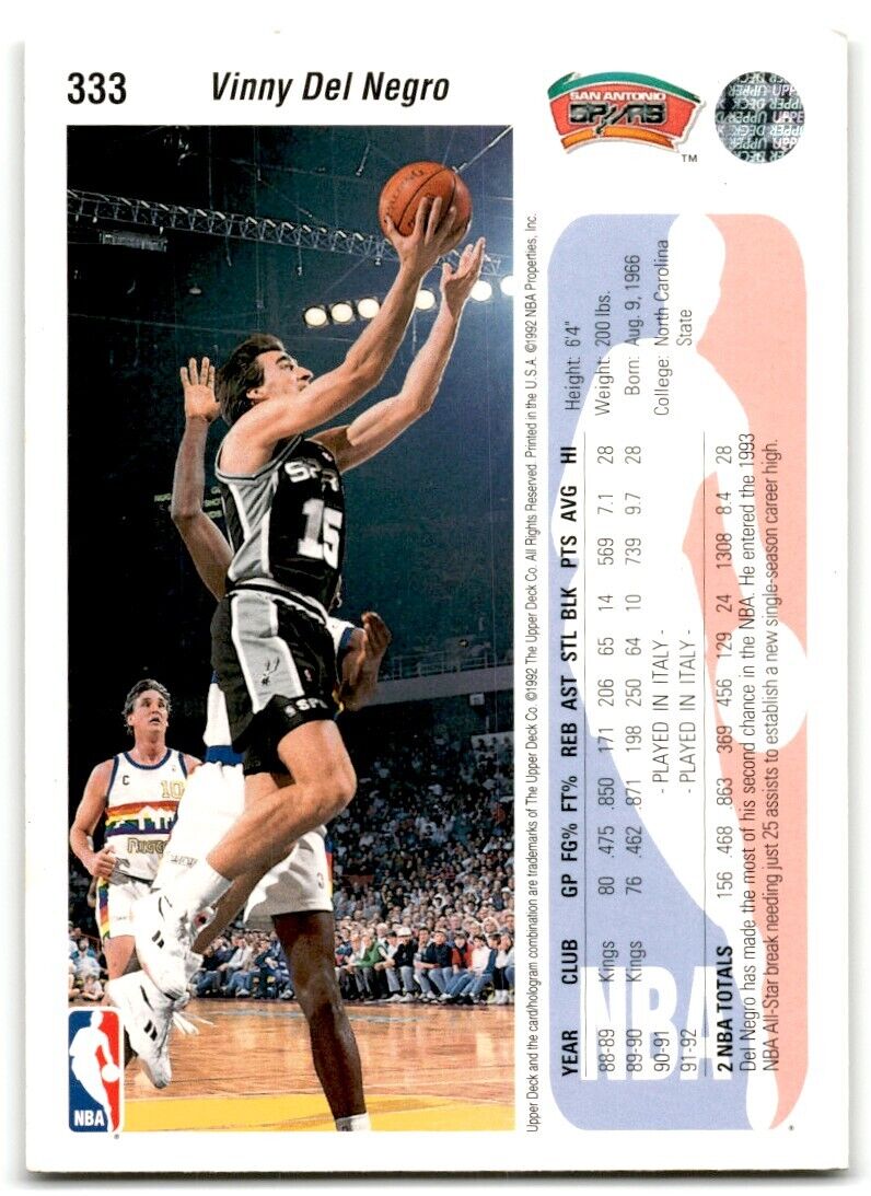 1992-93 Upper Deck Vinny Del Negro San Antonio Spurs #333