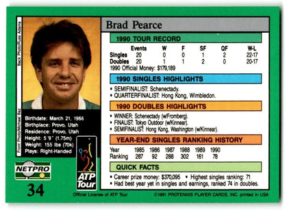 1991 Protennis player Cards Netpro Tour Star Brad Pearce #34