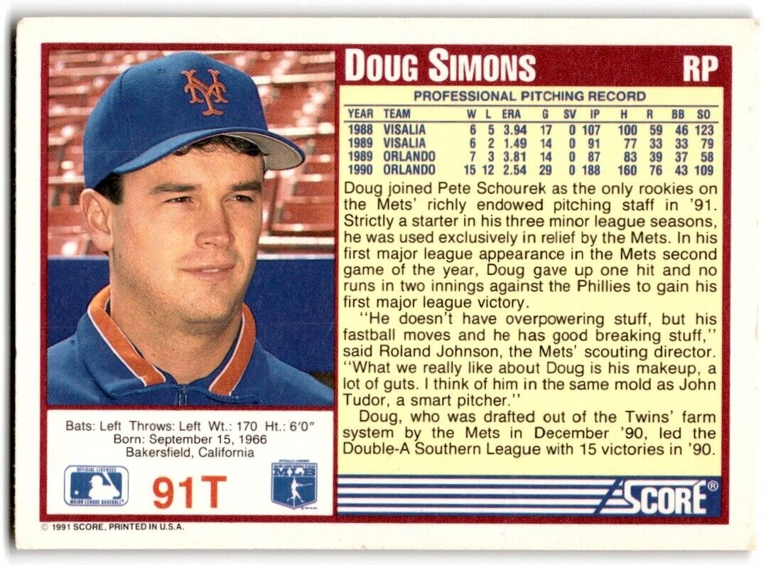 1991 Score Doug Simons New York Mets #91T