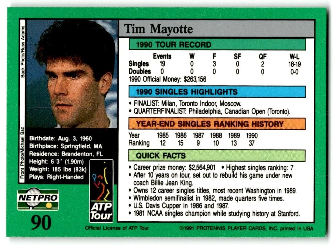 1991 Protennis player Cards Netpro Tour Star Tim Mayotte #90