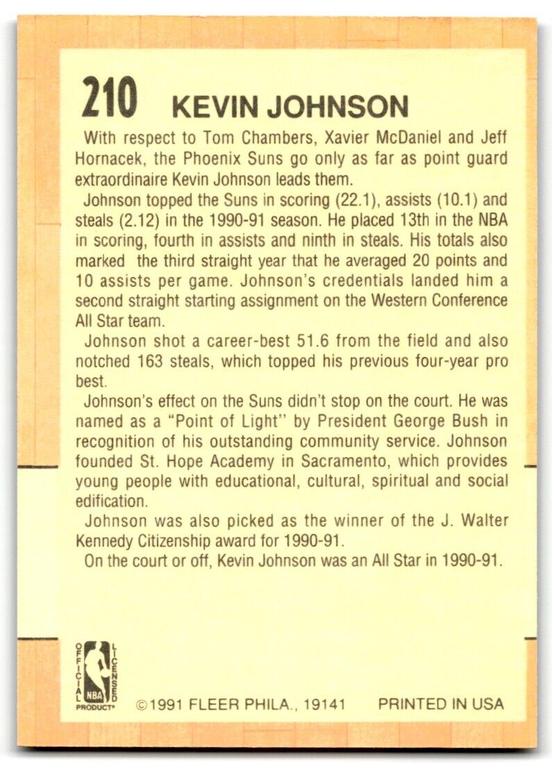 1991-92 Fleer Kevin Johnson Phoenix Suns #210