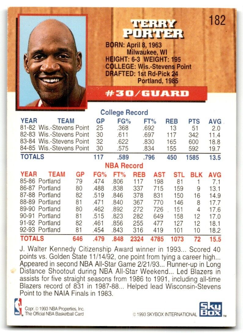 1993-94 Hoops Fifth Anniversary Gold Terry Porter Portland Trail Blazers #182