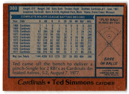 1978 Topps Ted Simmons St. Louis Cardinals #380