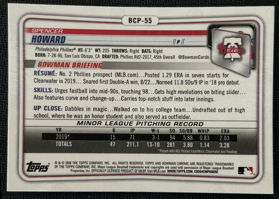 2020 Bowman Chrome Prospects Spencer Howard Philadelphia Phillies #BCP-55