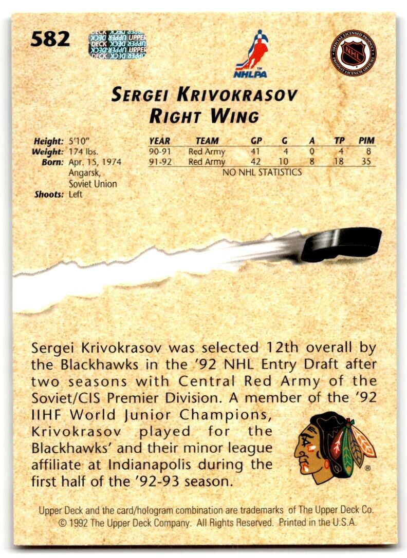 1992-93 Upper Deck Sergei Krivokrasov Rookie Chicago Blackhawks #582