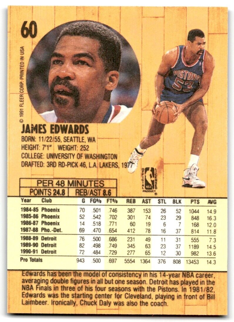 1991-92 Fleer James Edwards Detroit Pistons #60