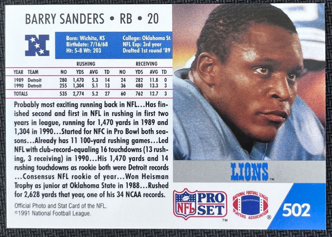 1991 Pro Set Barry Sanders Detroit Lions #502