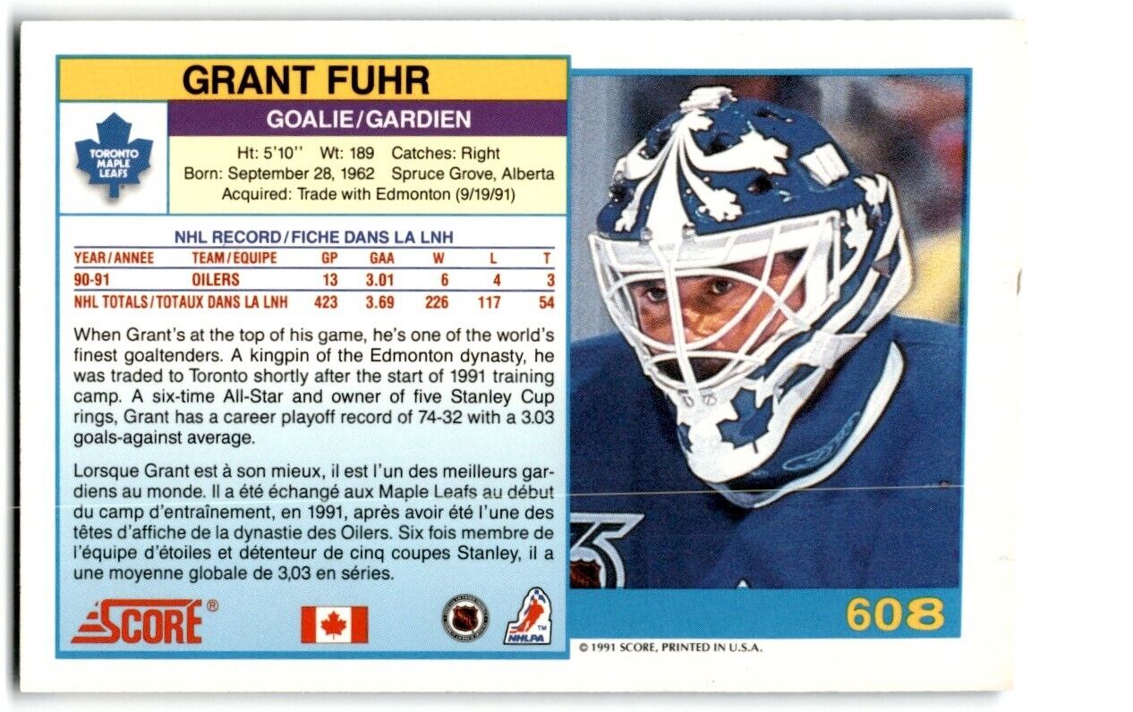 1991-92 Score Canadian Bilingual Grant Fuhr Toronto Maple Leafs #608