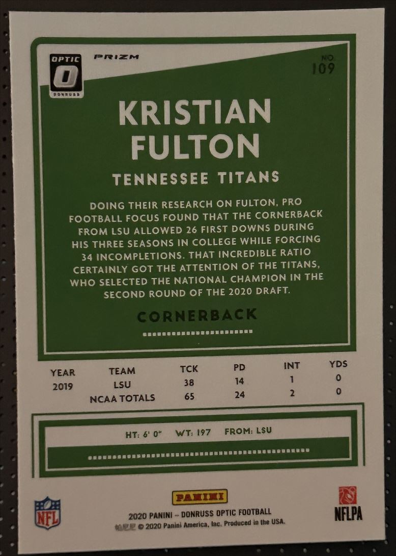 2020 Donruss Optic Green Velocity Kristian Fulton Rookie Tennessee Titans #109