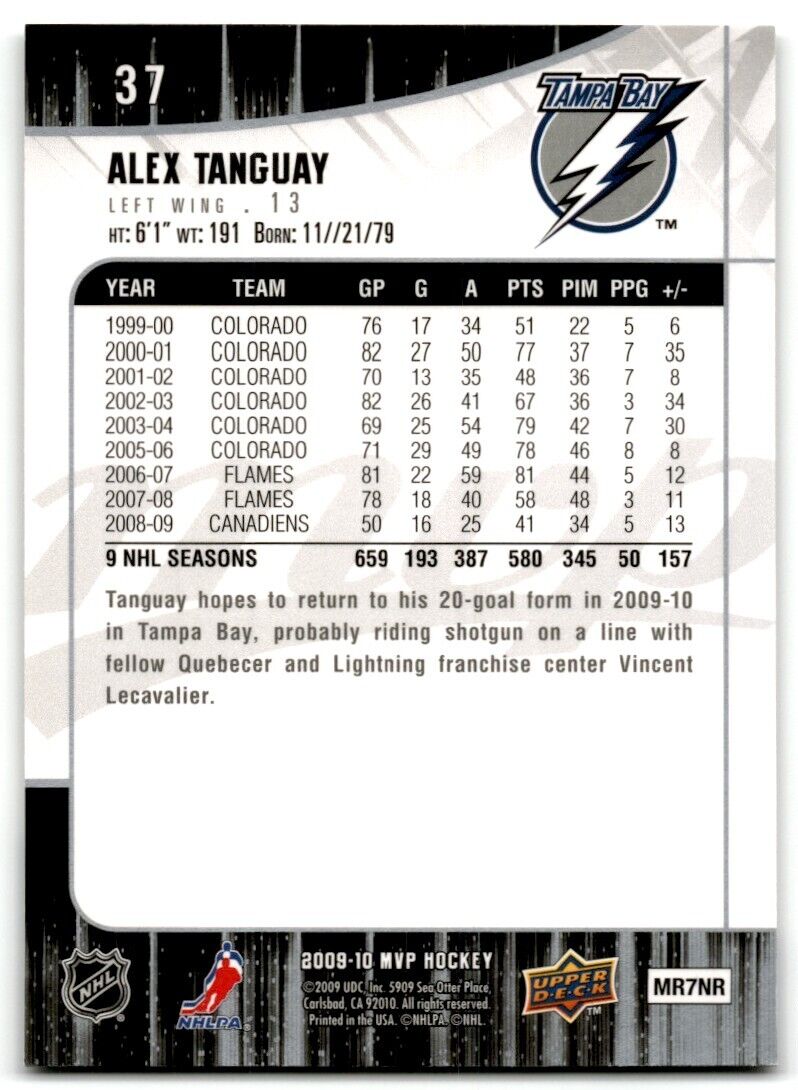 2009-10 Upper Deck MVP Alex Tanguay Tampa Bay Lightning #37