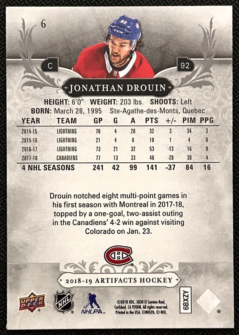 2018-19 Upper Deck Artifacts Jonathan Drouin Montreal Canadiens #6