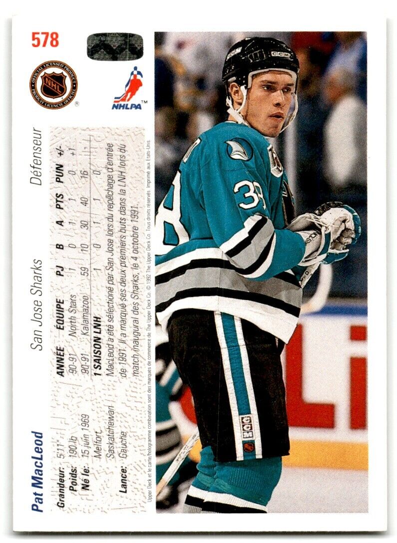 1991-92 Upper Deck French Pat MacLeod Rookie San Jose Sharks #578