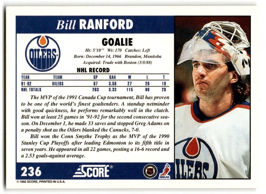 1992-93 Score Bill Ranford Edmonton Oilers #236