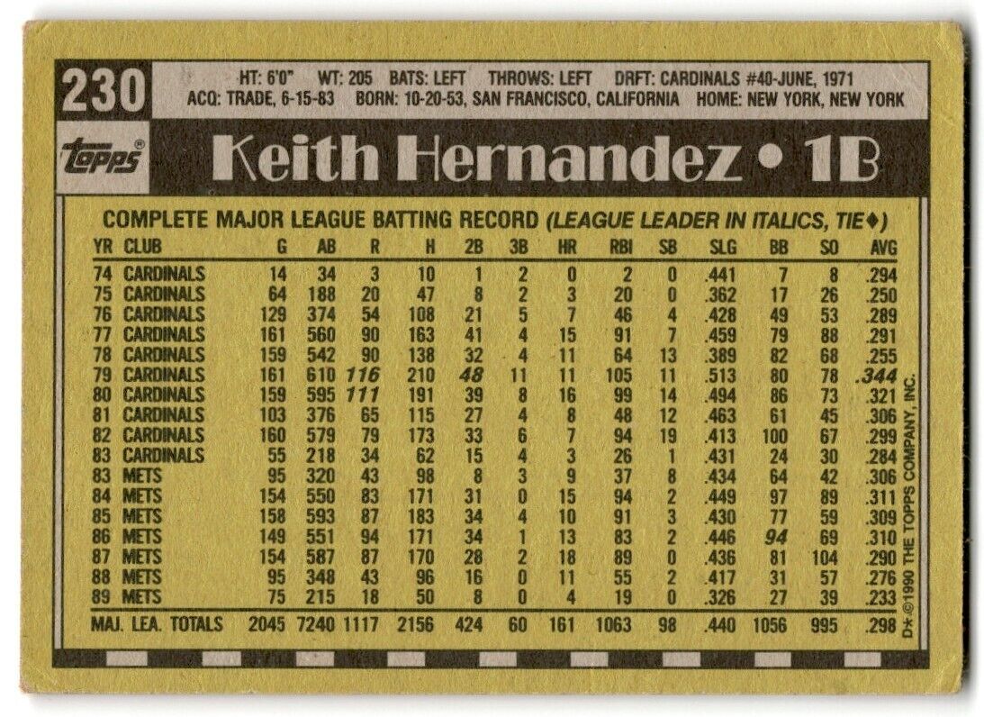 1990 Topps Keith Hernandez New York Mets #230