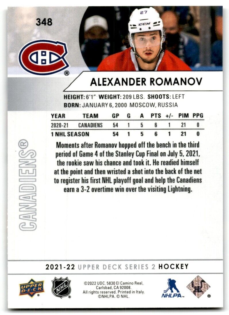 2021-22 Upper Deck Alexander Romanov Montreal Canadiens #348