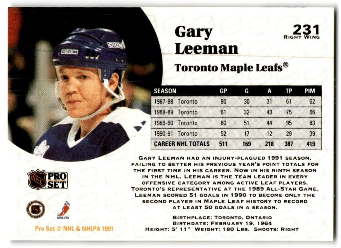 1991-92 Pro Set Gary Leeman Toronto Maple Leafs #231