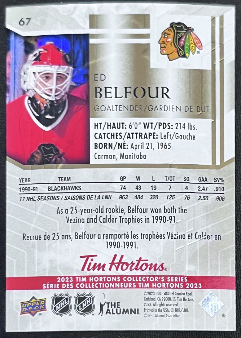 2023-24 Upper Deck Tim Hortons Legends Tim Horton Ed Belfour Chicago Blackhawks