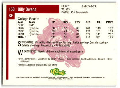 1991-92 Classic Billy Owens Rookie Syracuse Orangemen #150