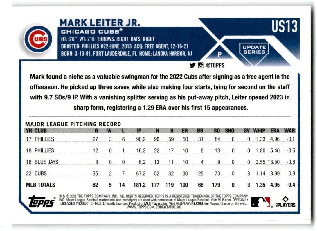 2023 Topps Update Mark Leiter Jr. Chicago Cubs #US13