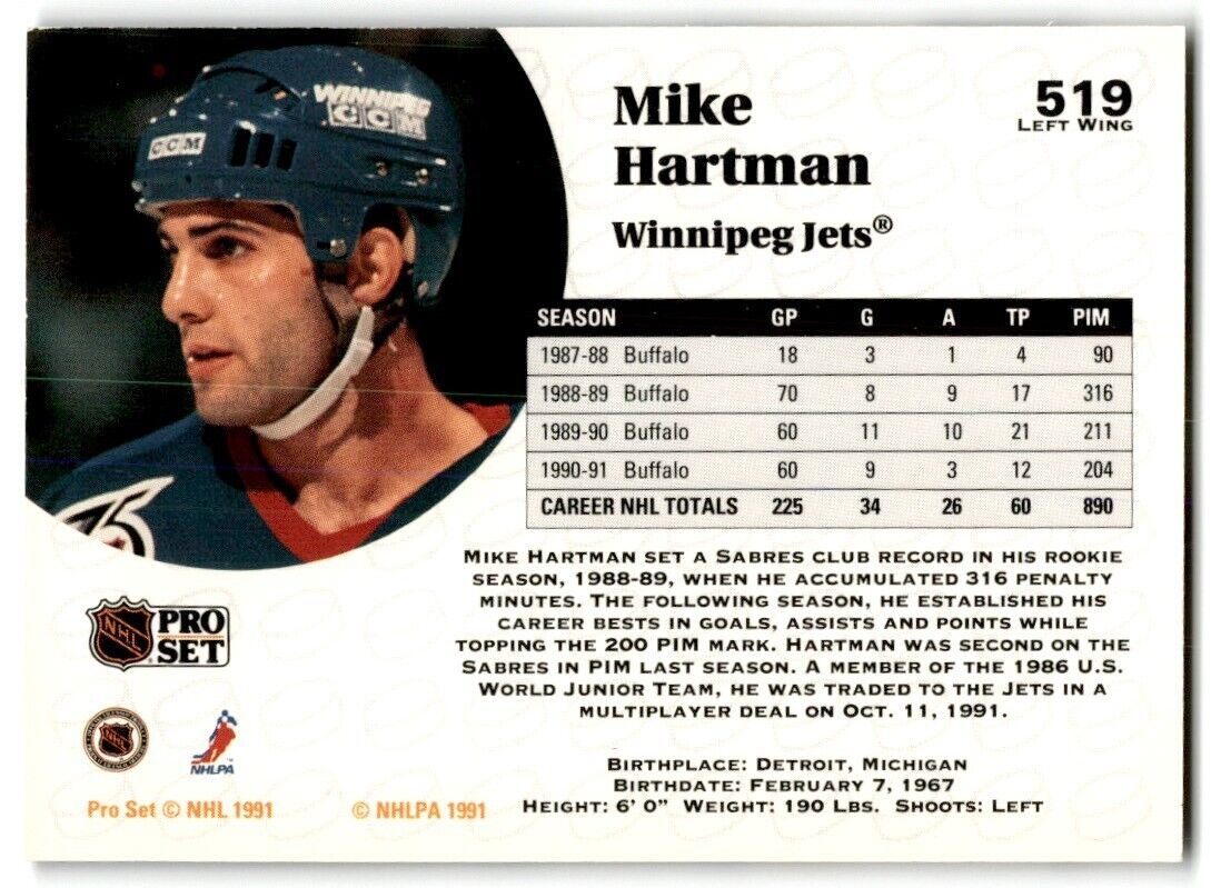 1991-92 Pro Set Mike Hartman Winnipeg Jets #519