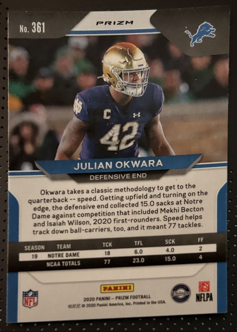 2020 Panini Prizm Orange Laser Julian Okwara Rookie Detroit Lions #361 Parallel