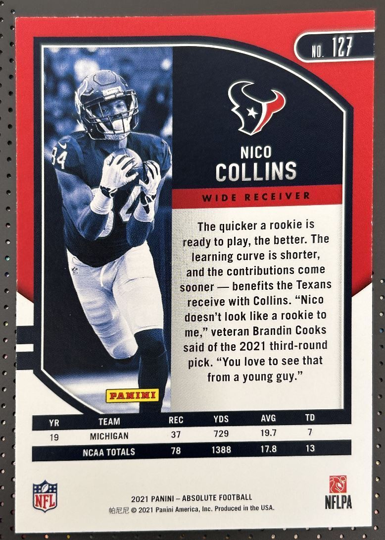 2021 Panini Absolute Rookie Foil Green Nico Collins Rookie Houston Texans #127