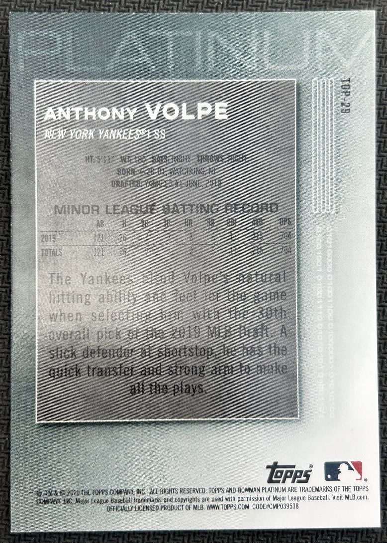 2020 Bowman Platinum Top Prospects Anthony Volpe New York Yankees #TOP-29