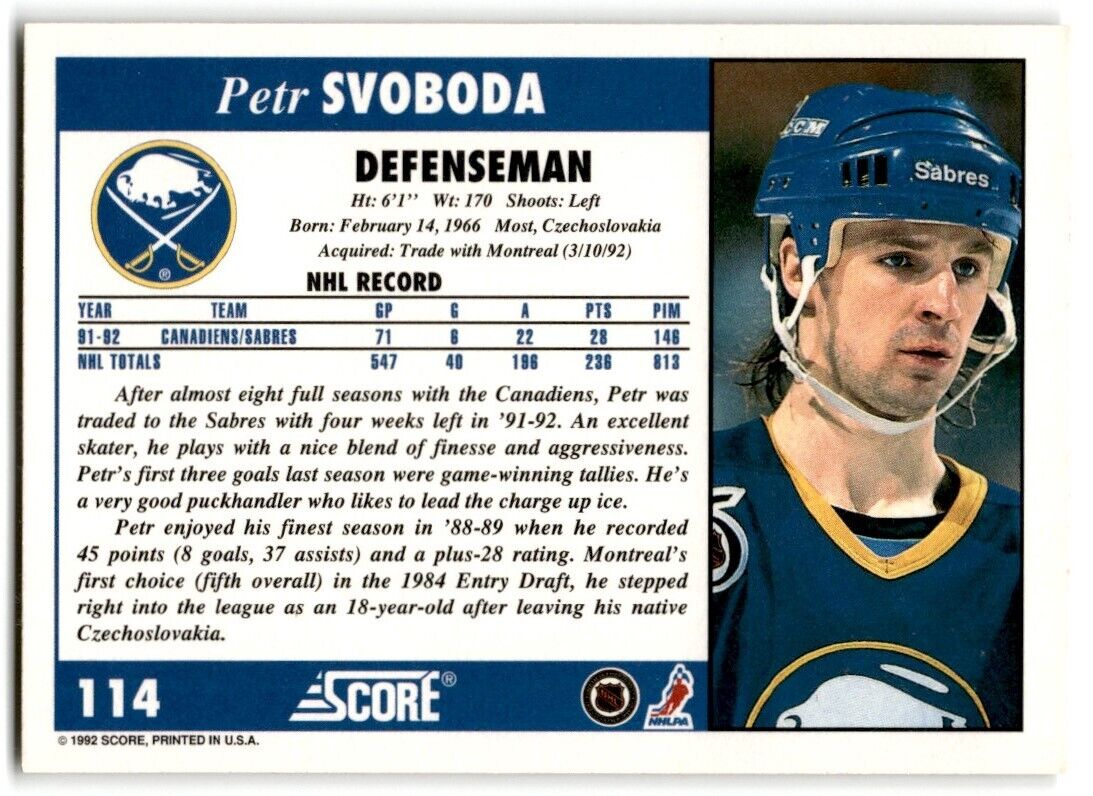 1992-93 Score Petr Svoboda Buffalo Sabres #114