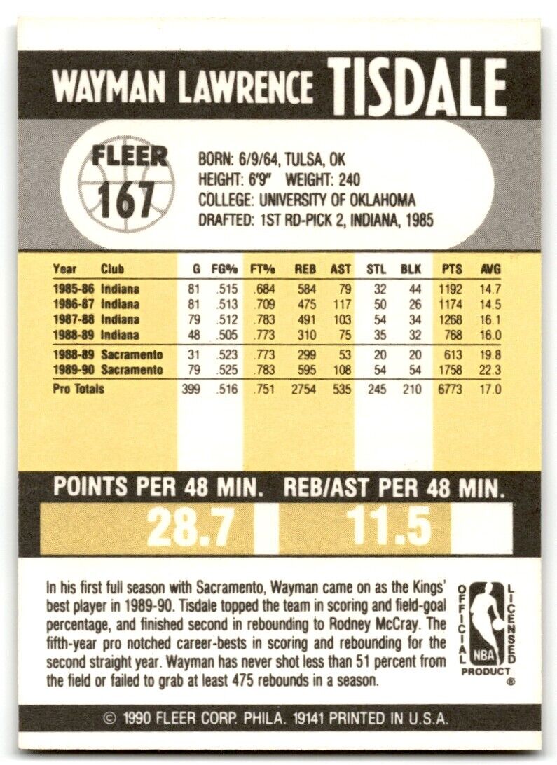 1990-91 Fleer Wayman Tisdale Sacramento Kings #167