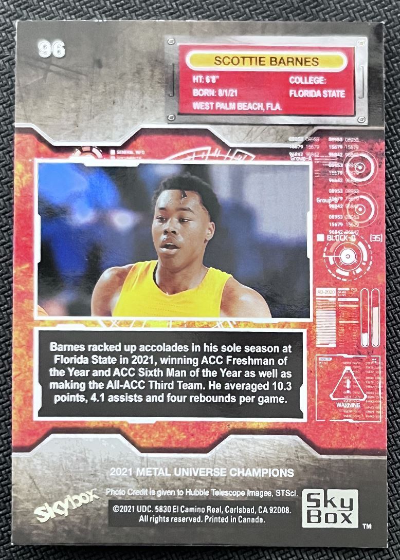 2021-22 Skybox Metal Universe Champion Scottie Barnes Rookie #96