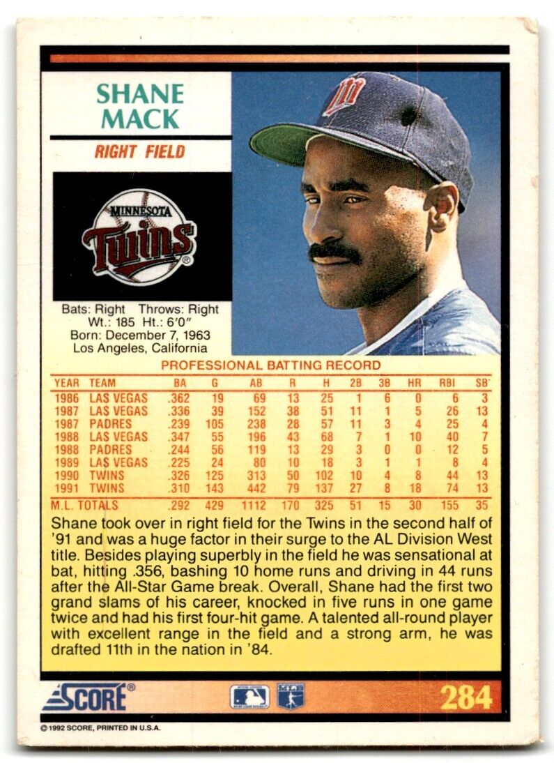 1992 Score Shane Mack Minnesota Twins #284