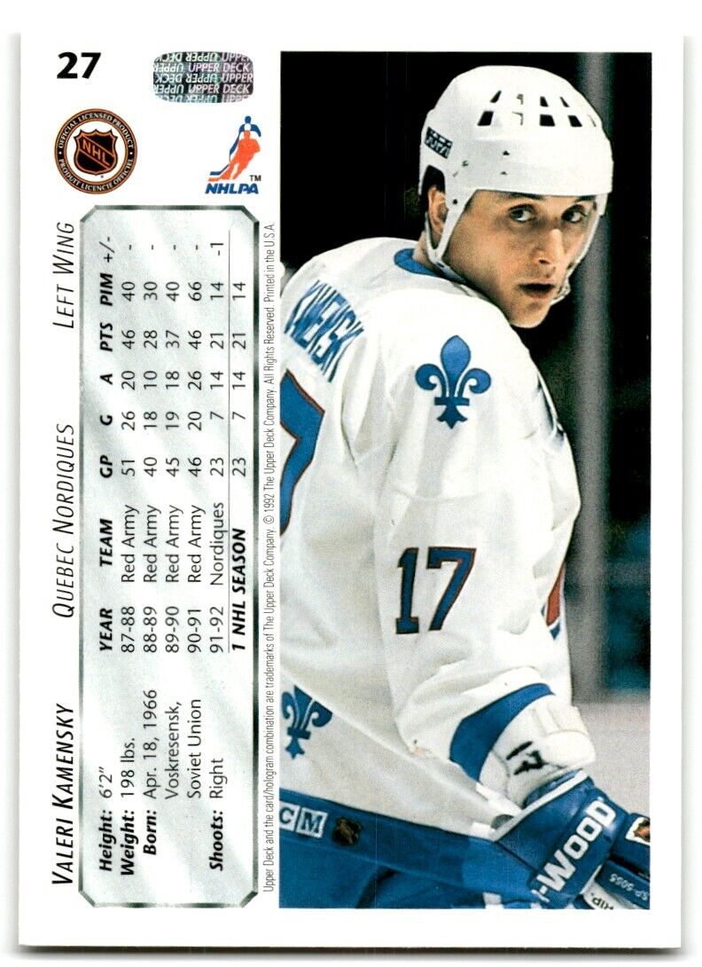 1992-93 Upper Deck Valeri Kamensky Quebec Nordiques #27