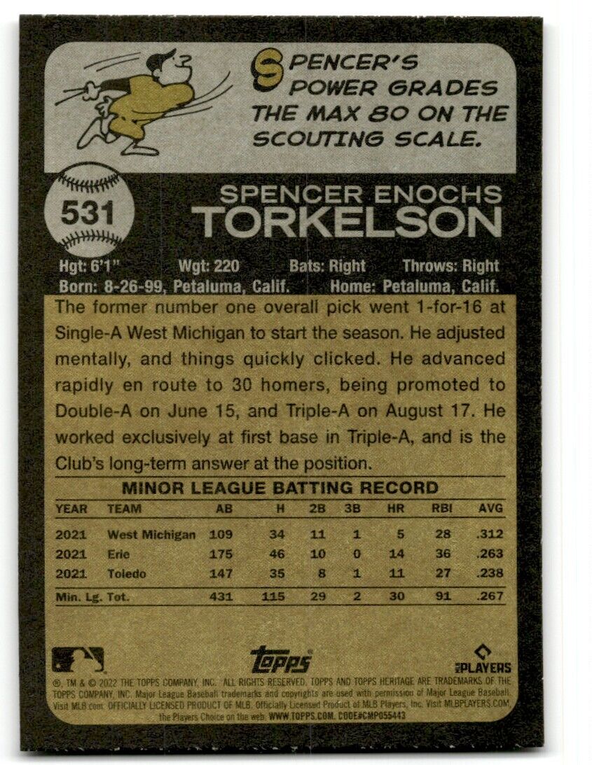 2022 Topps Heritage Spencer Torkelson Rookie Detroit Tigers #531