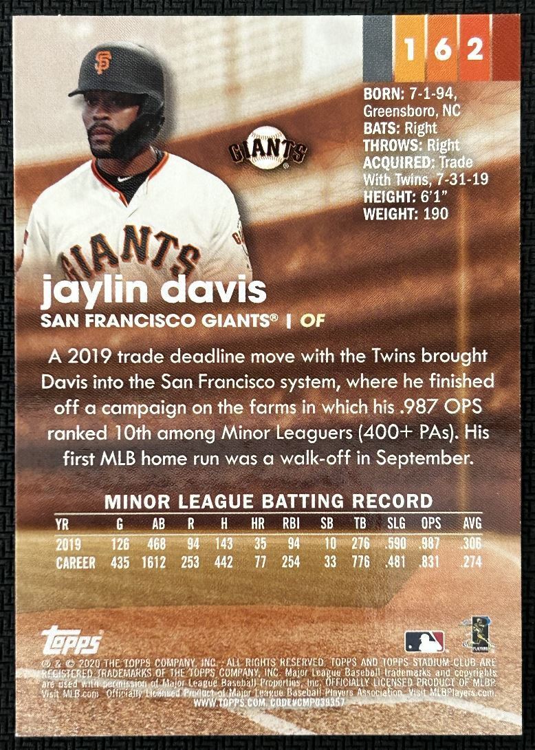 2020 Topps Stadium Club Jaylin Davis Rookie San Francisco Giants #162