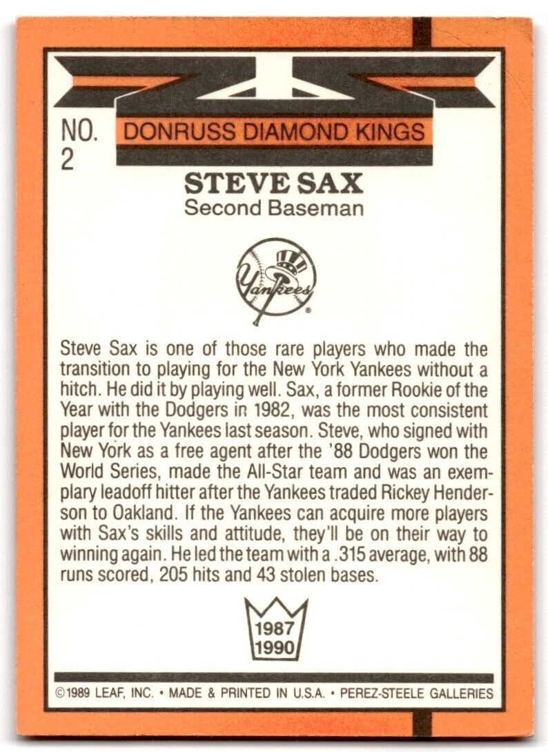 1990 Donruss Diamond Kings Steve Sax New York Yankees #2