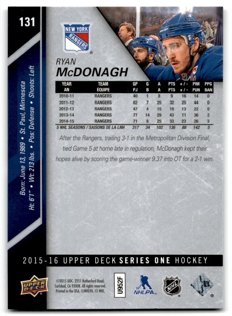 2015-16 Upper Deck Ryan McDonagh New York Rangers #131