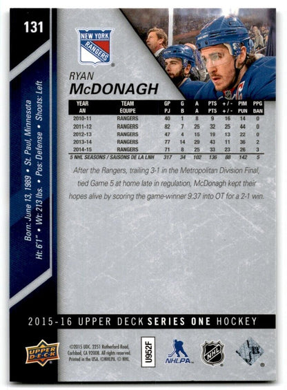 2015-16 Upper Deck Ryan McDonagh New York Rangers #131