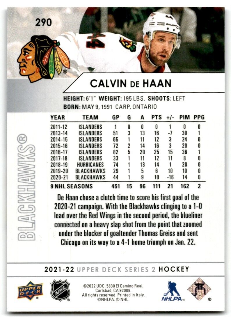 2021-22 Upper Deck Calvin de Haan Chicago Blackhawks #290