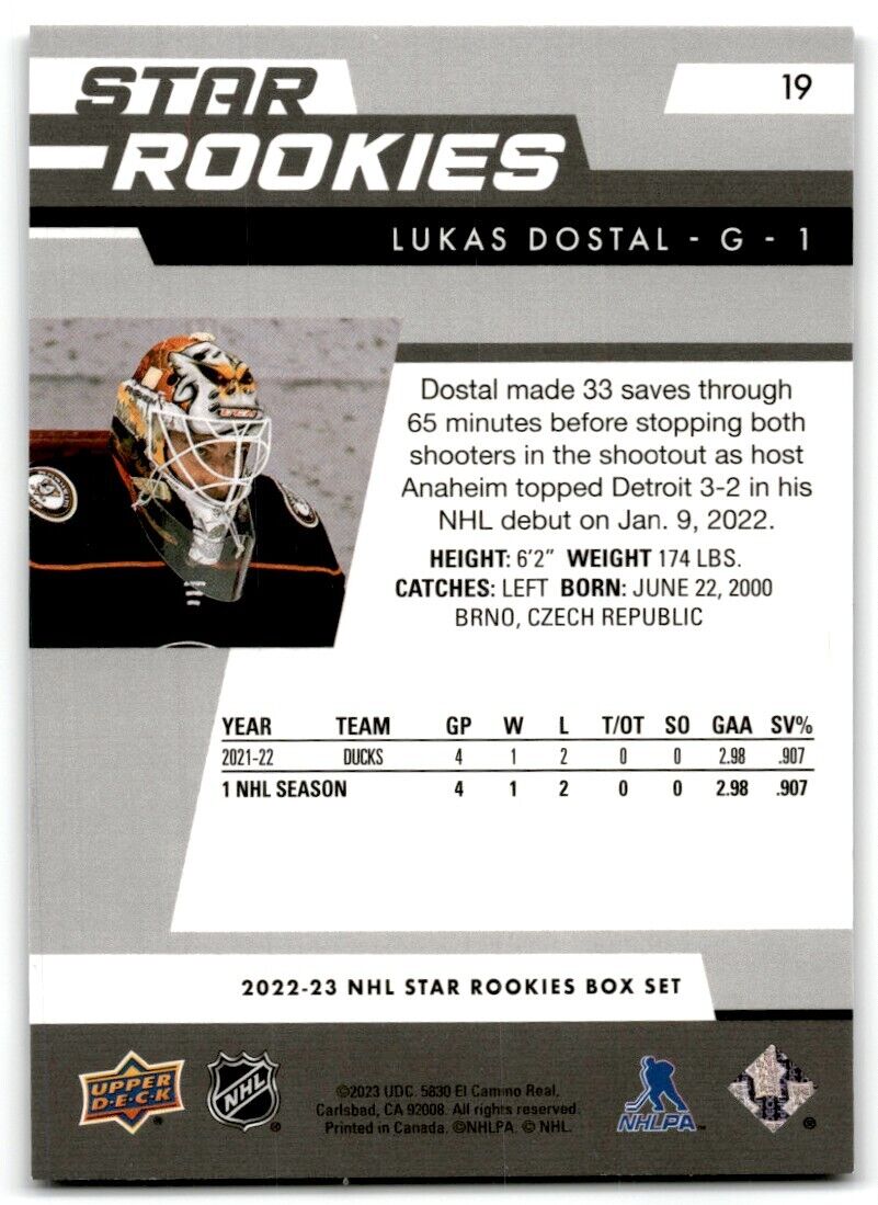 2022-23 Upper Deck Star Rookies Lukas Dostal Rookie Anaheim Ducks #19